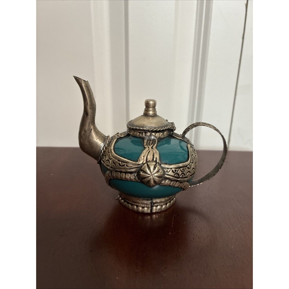 Vintage Moroccan Miniature Teapot Teal Ceramic Silver Metal Filigree Decorative